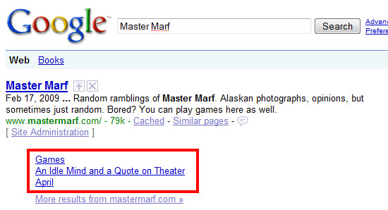 Google Search results for Master Marf, showing the sitelinks.