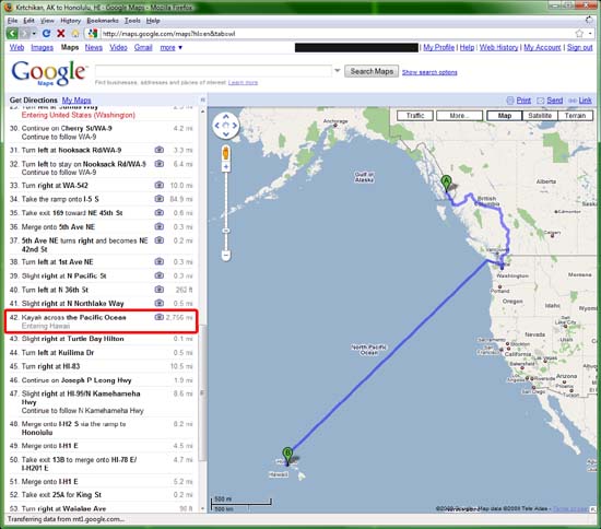 Google Maps: Kayak across the Pacific Ocean 2,756 miles.