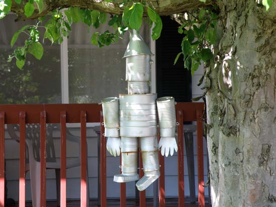 Tin man hanging in a tree.