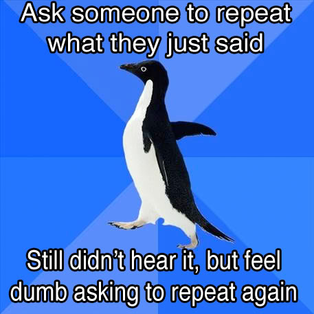 Ask someone to repeat what they just said / Still didn't hear it, but feed dumb asking to repeat again