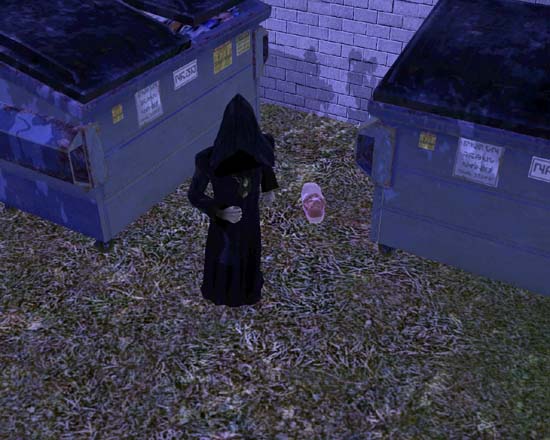 Grim Reaper abandoning baby at dumpsters.