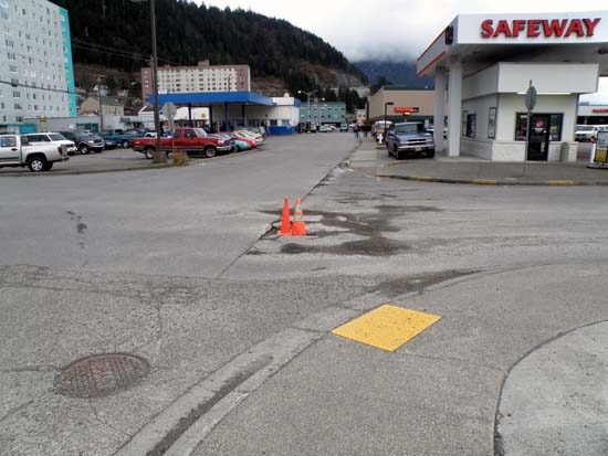 Different angle of the cones in the pothole.