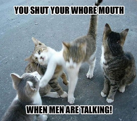 You shut your whore mouth when men are talking!